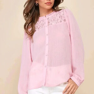 NWOT Lulus Lovely Delight Pink‎ Chiffon Rosette Ruffled Long Sleeve Top